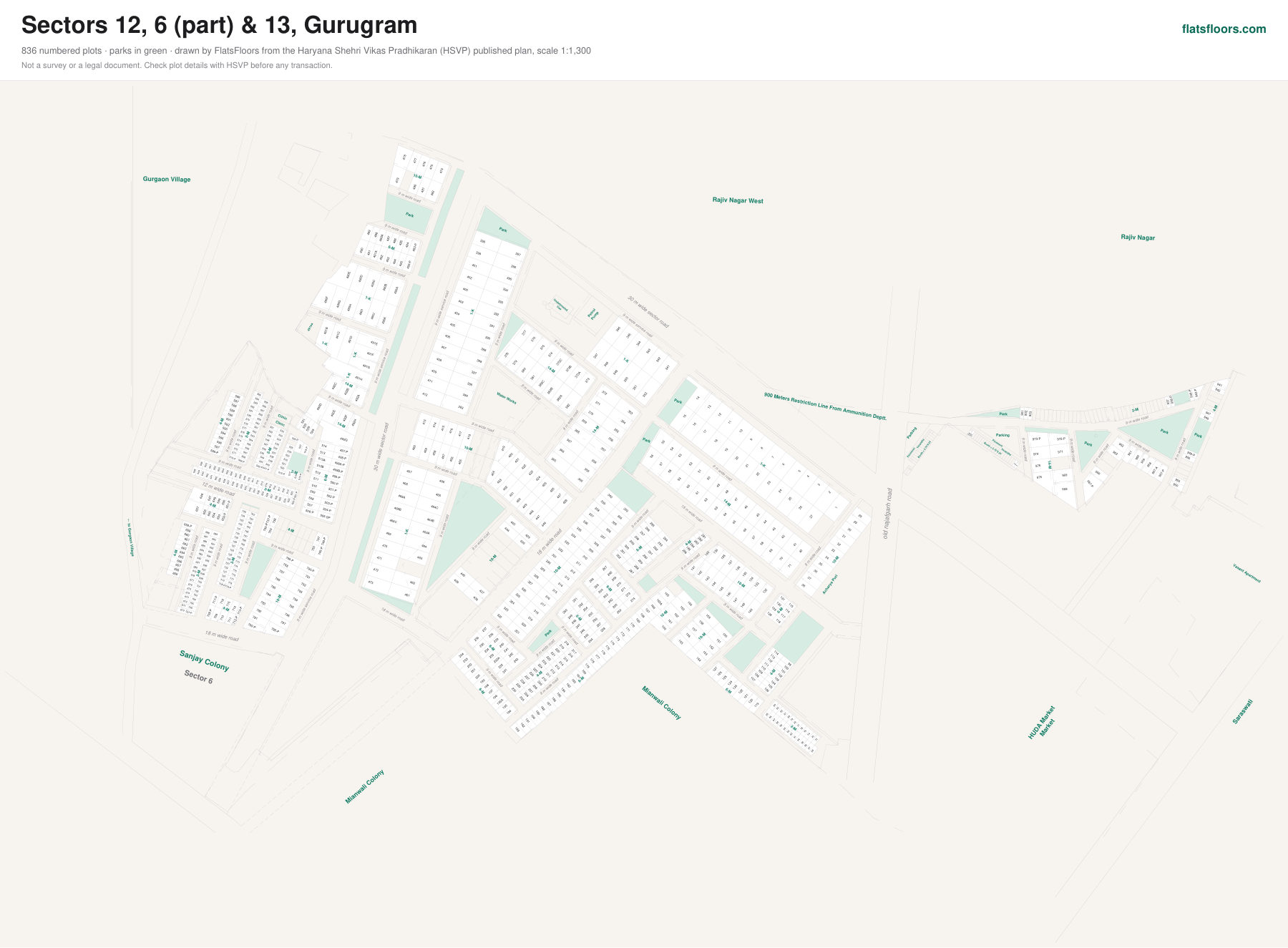 Layout map of Sectors 12, 6 (part) & 13, Gurugram, with plot numbers