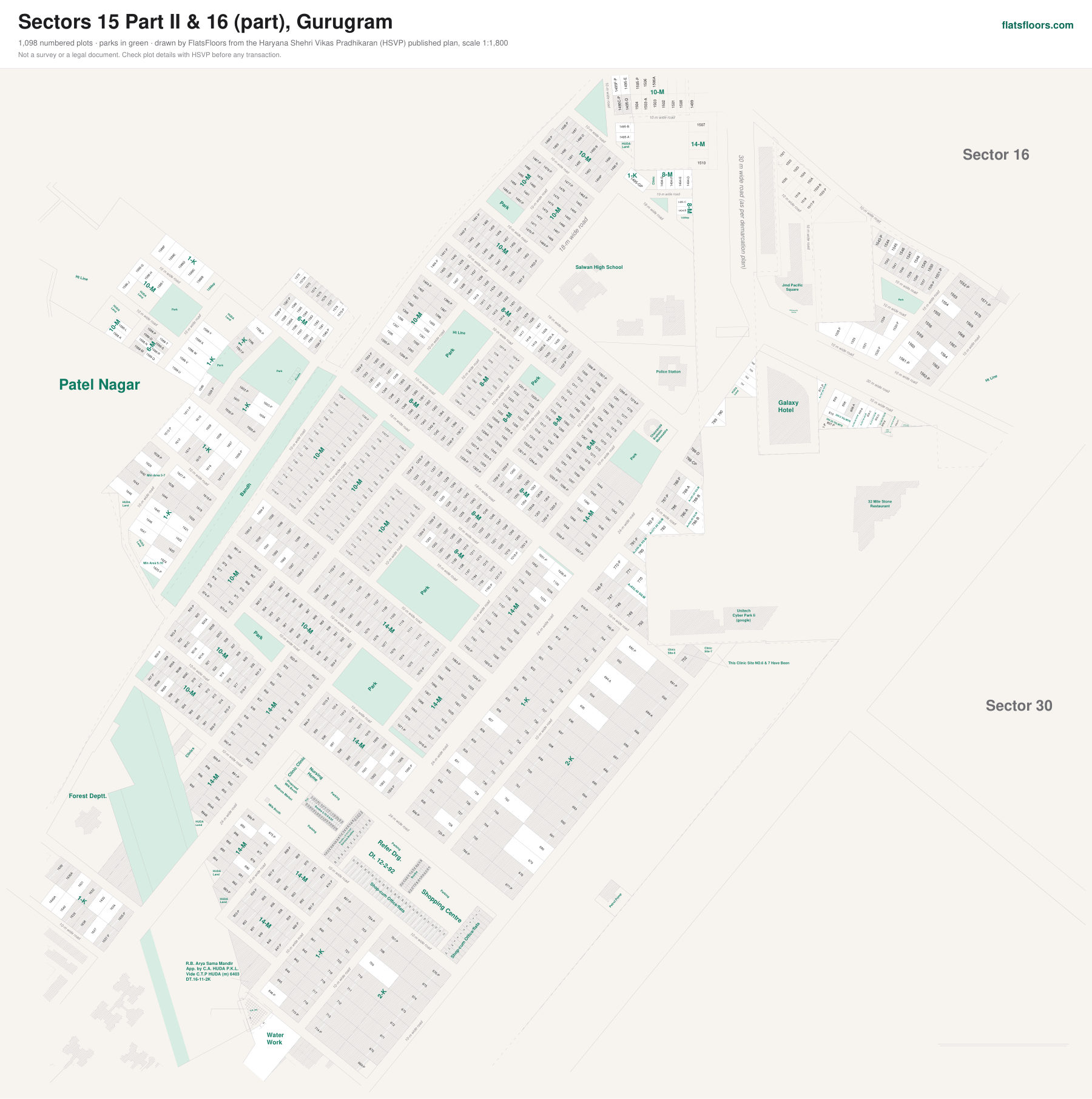 Layout map of Sectors 15 Part II & 16 (part), Gurugram, with plot numbers